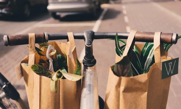 Paper shopping bags on a bicycle handlebars